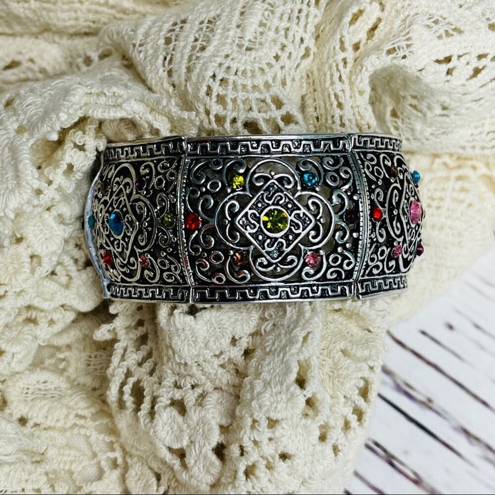 Silver bracelet multicolor rhinestones intricate